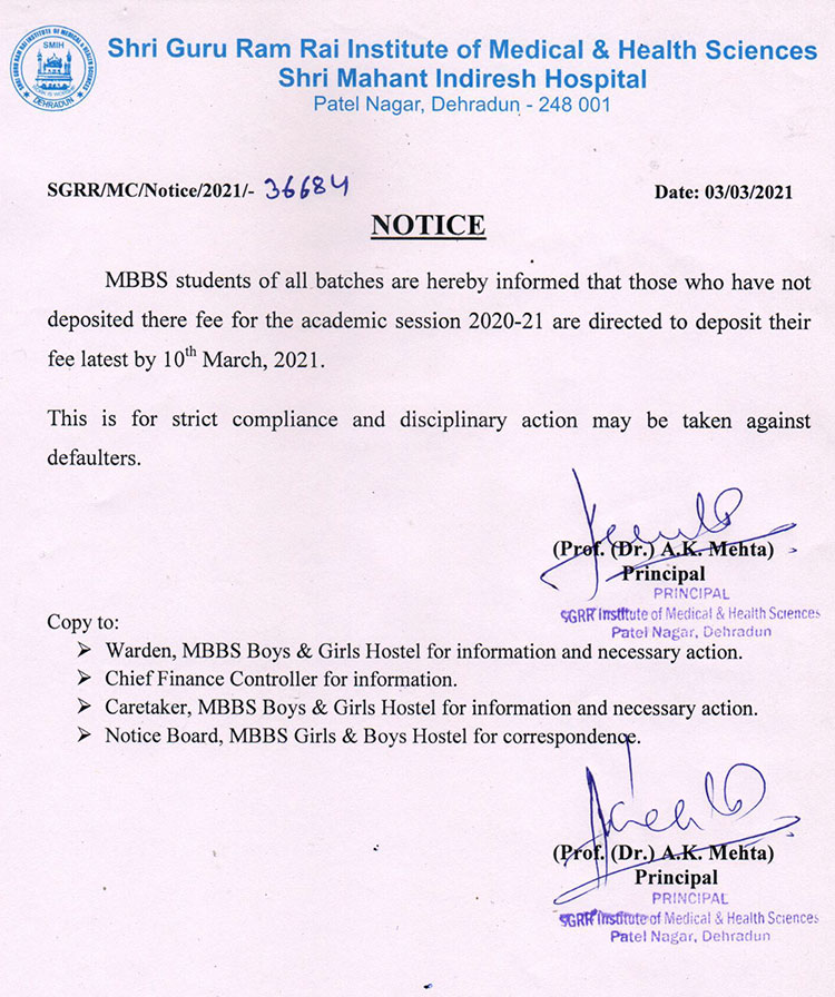 Fee Notice for all MBBS Batch